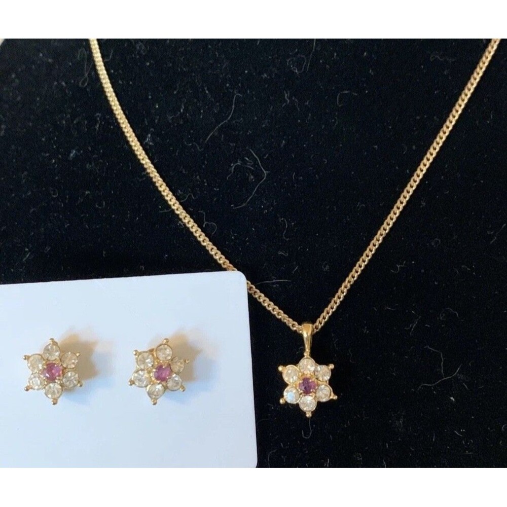 Vintage Floral Necklace & Earrings Set Gold Tone 18”